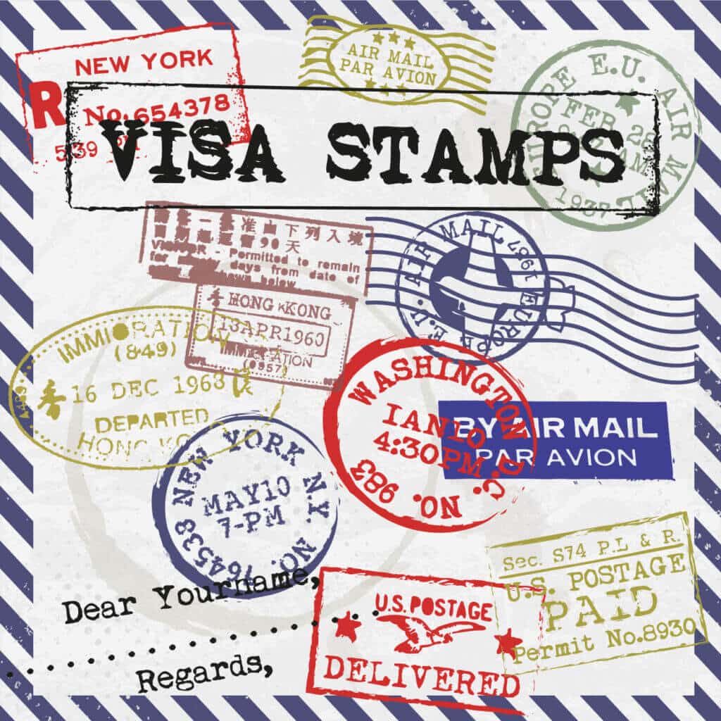 Enveloppe tamponnée avec plusieurs mentions dont "Visa Stamps"