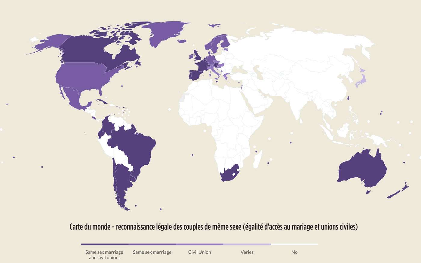 Carte du monde : reconnaissance légale des couples du même sexe