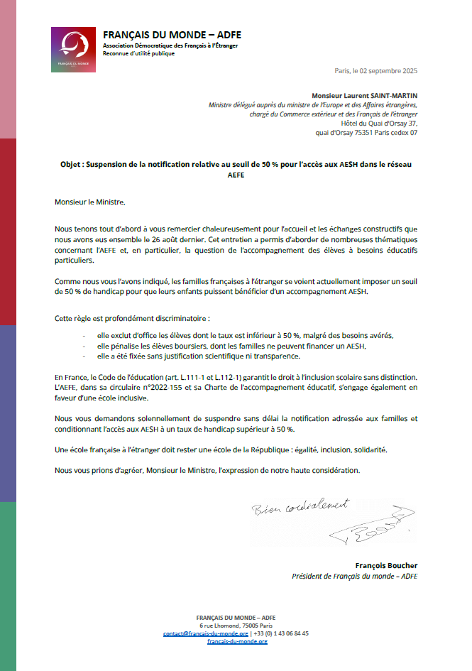 Lettre demandant la suspension de la notification relative au seuil de 50 % pour l’accès aux AESH dans le réseau AEFE.